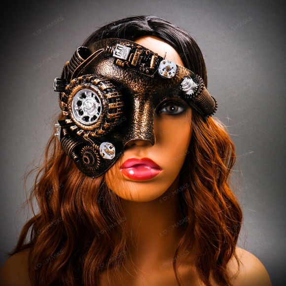 Phantom of the Opera Steampunk Mask with LED Lighting Masquerade - Black Gold - Picture 6 of 9